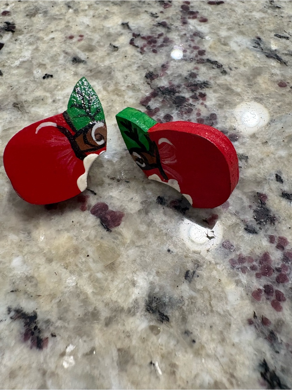 Wooden red apple stud earrings with a “bite” out GUC Unbranded
